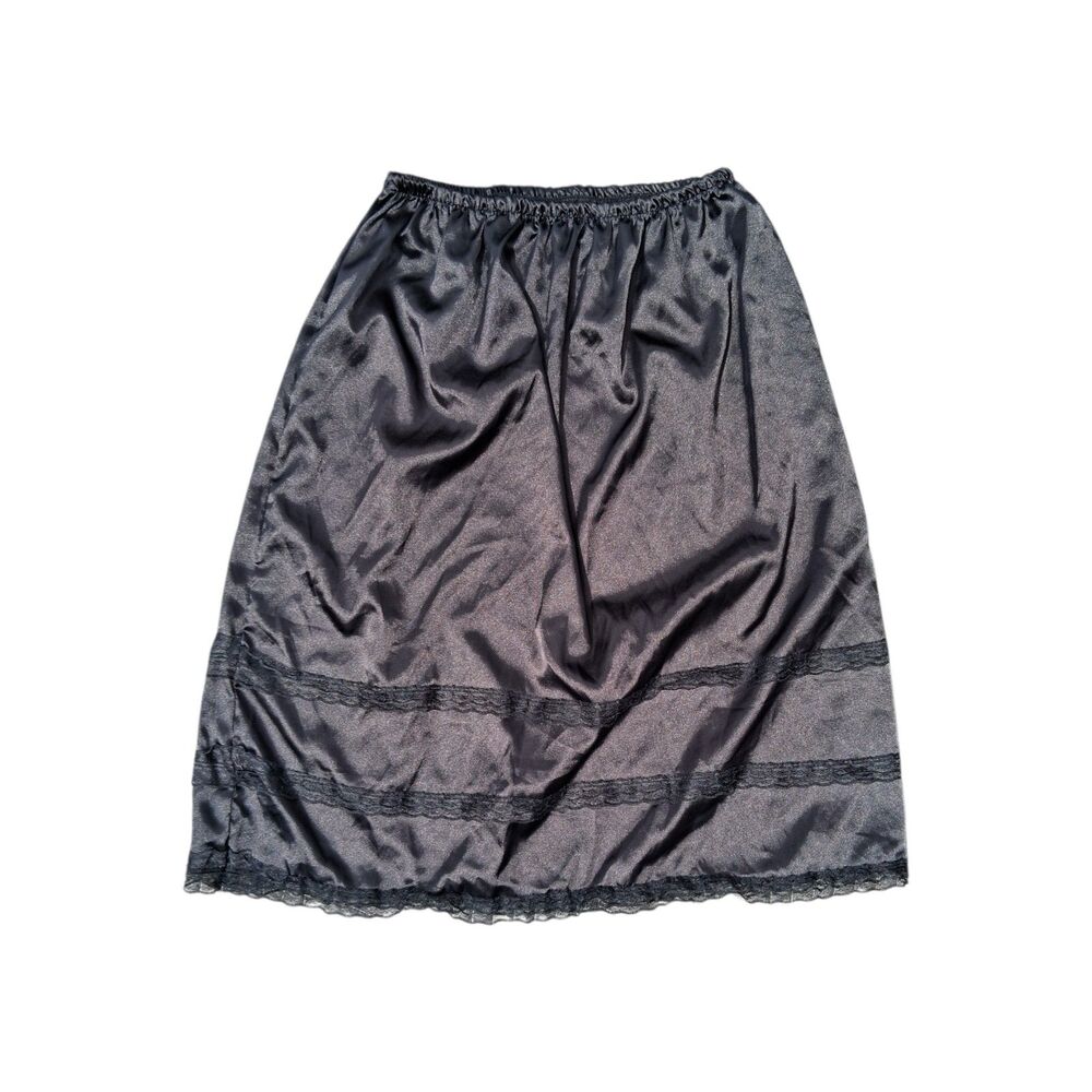 Vintage Style Black Satin Slip Skirt L Large Elastic Waist Lace Trim Underskirt